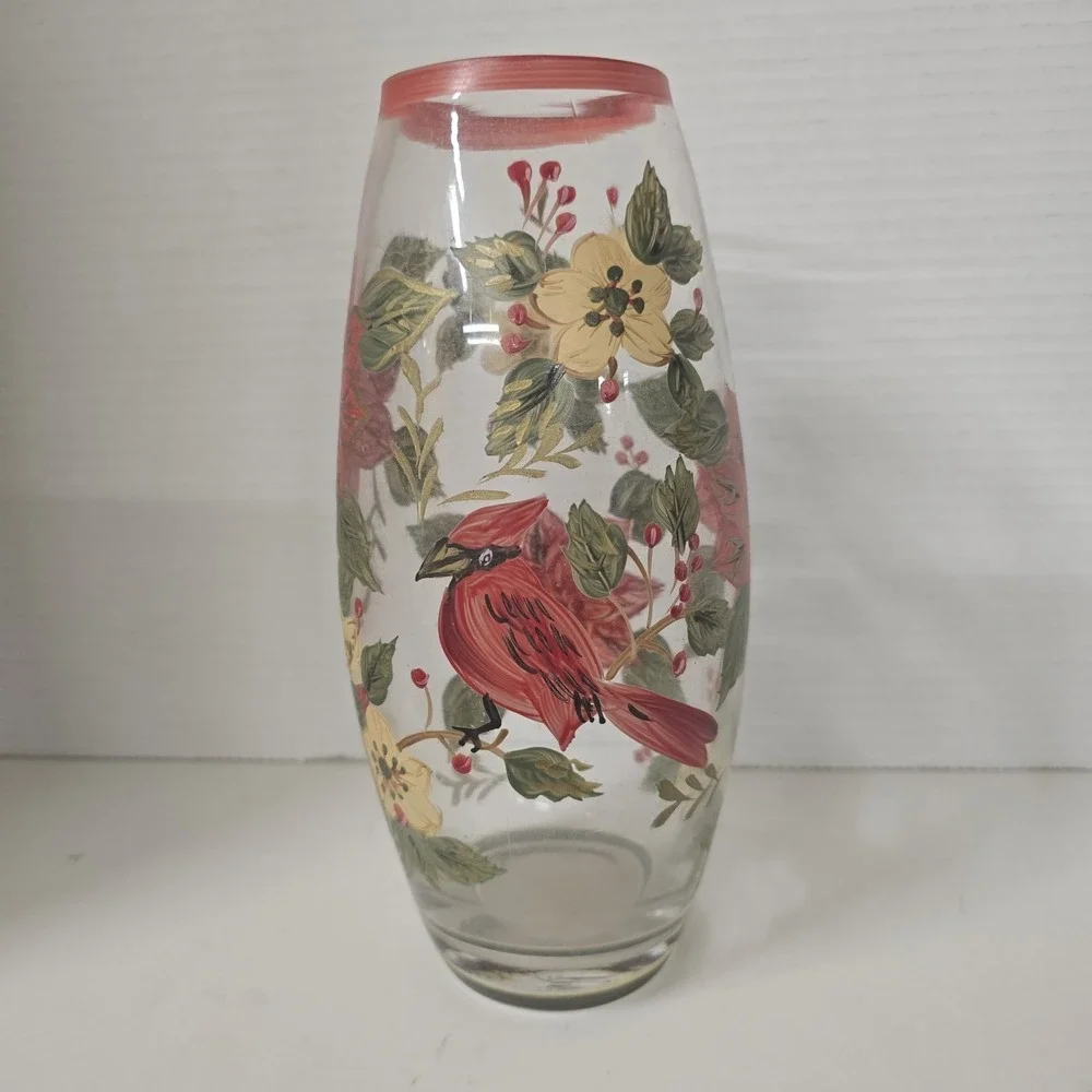 Hand Painted Glass Vase Red Cardinal Poinsettia Floral Winter Holiday‎ Decor